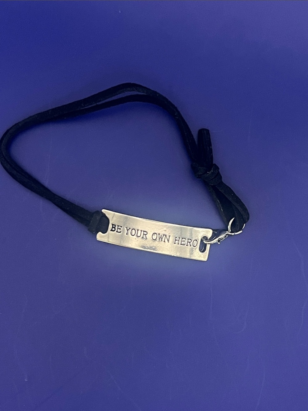 Inspirational Silver Plate Bracelet with Black Suede Cord - "Be Your Own Hero"